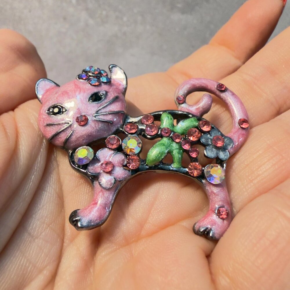 Cat Brooch Pink Enamel Glitter Openwork Statement Pin – 2.75” Tall - Picture 5 of 9